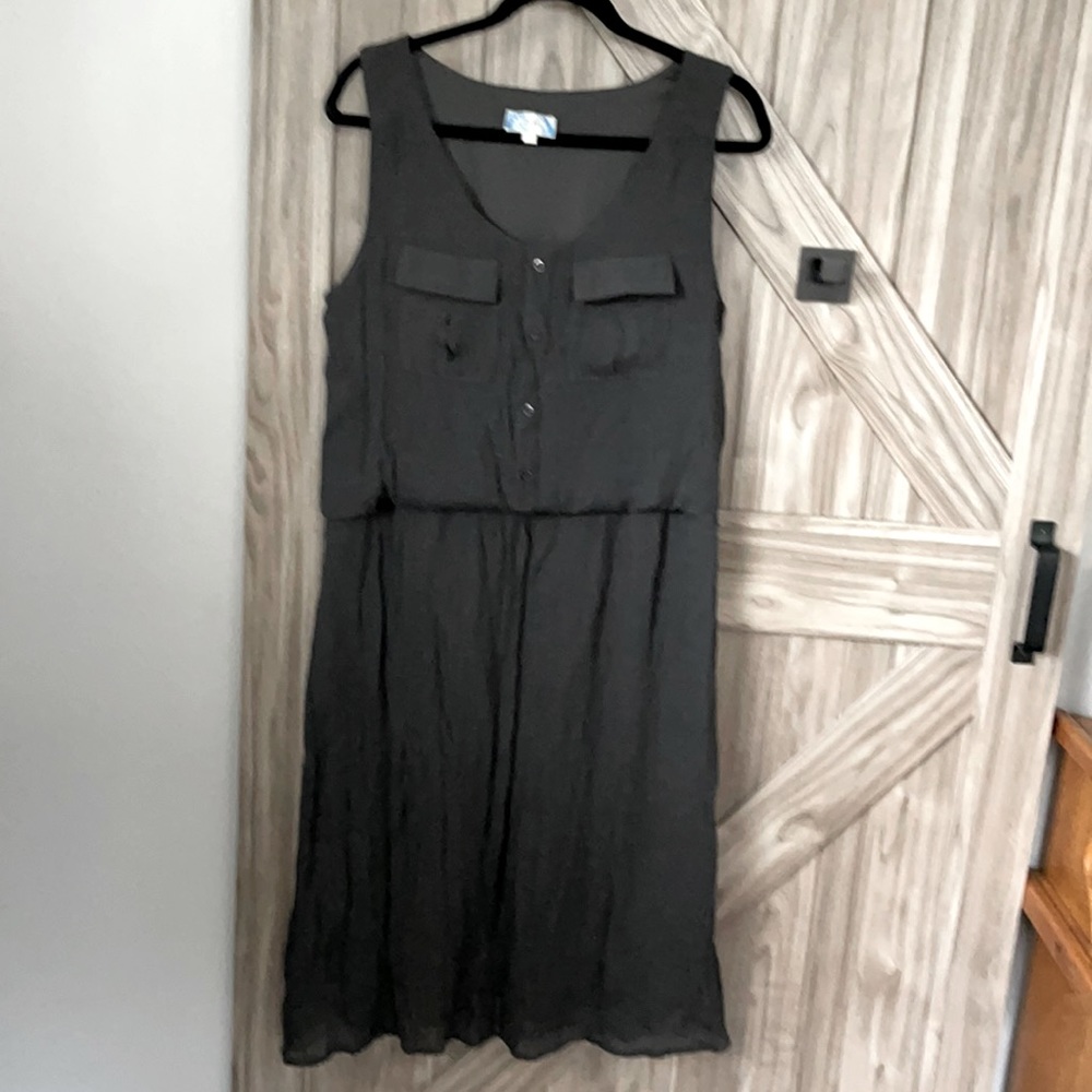 Army green dress with front pockets, faux buttons